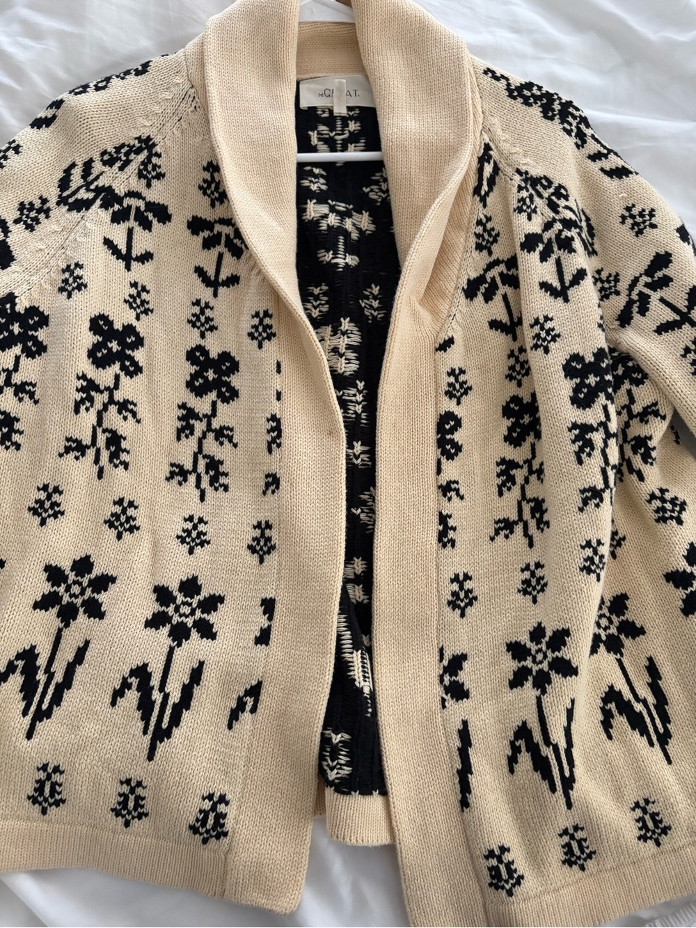 THE GREAT. Lodge Cardigan, Cream and Black Garden - Picture 4 of 7